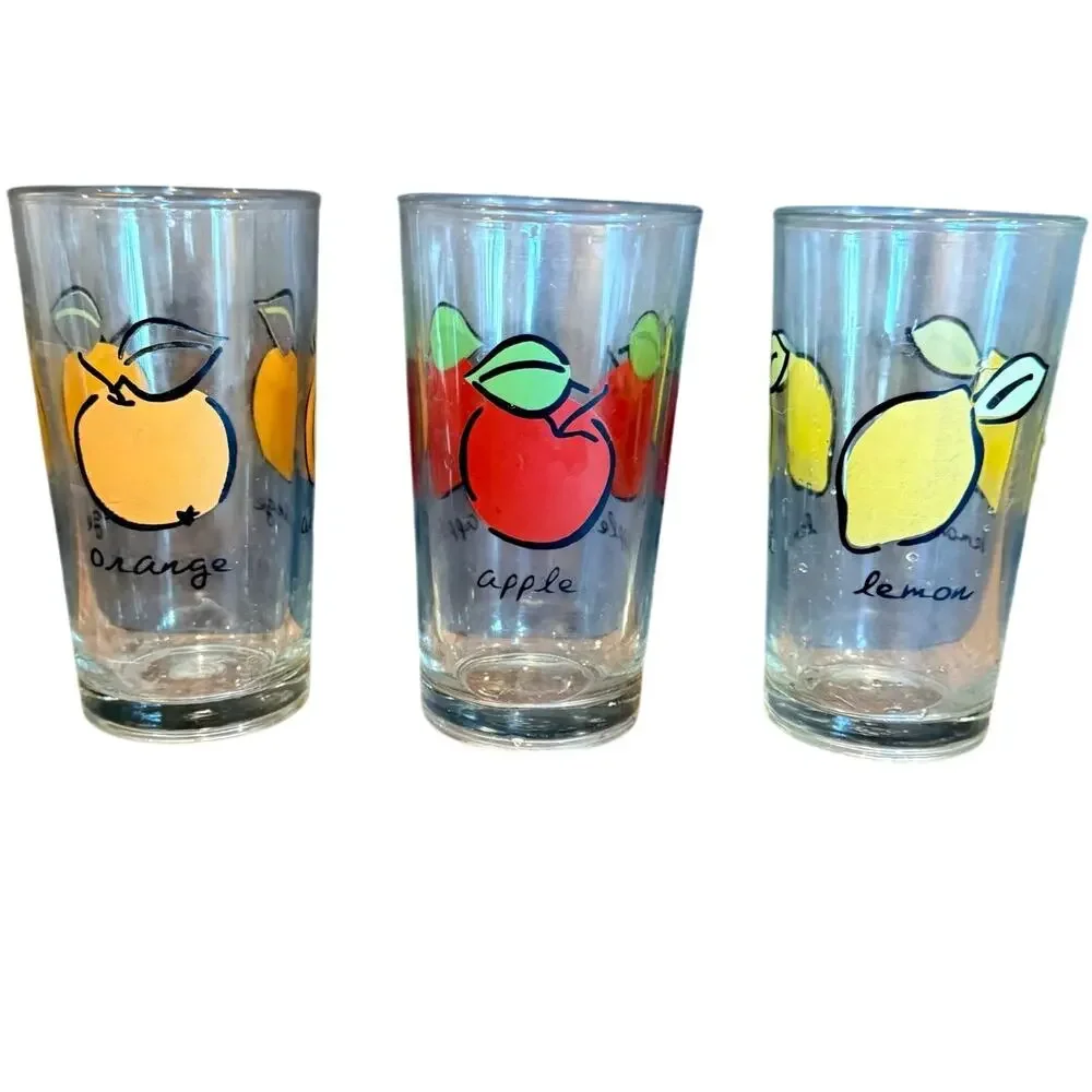 Vintage Firna Indonesia Fruit Tumbler Glasses Set of 3‎ Apple Lemon Orange 12 oz